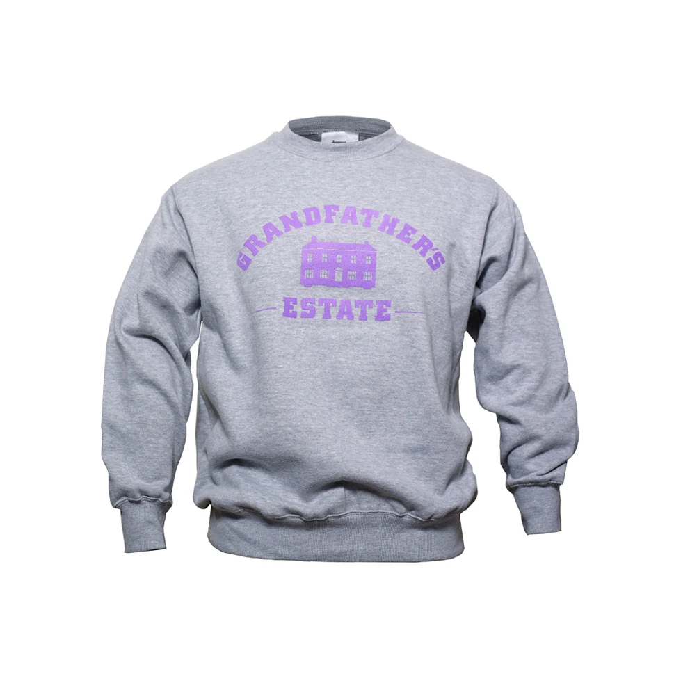 Heather grey Estate crewneck with purple arch logo front view